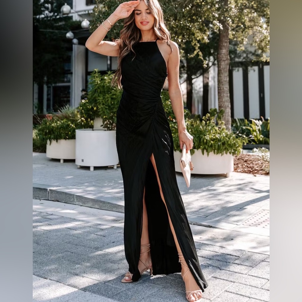 VICI - TAKE A CHANCE SATIN DRAPE MAXI DRESS - BLACK